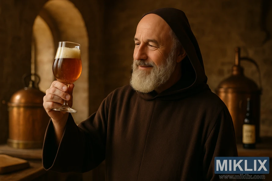 Monk in brown habit holds a tulip glass of amber ale in warm monastery light.