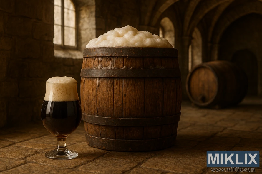 Rustic Belgian abbey brewing scene with a frothing barrel and dark ale glass.