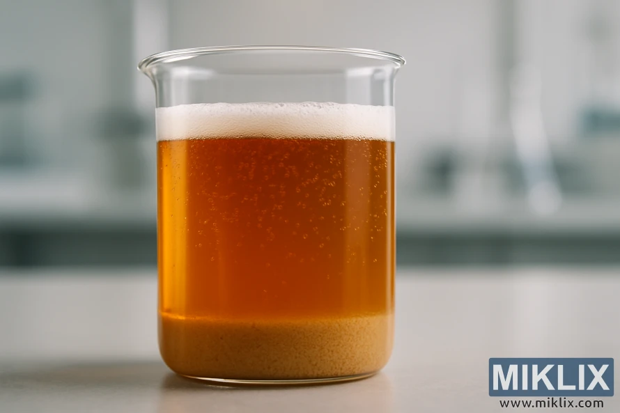 Macro photo of a beaker with Belgian Abbey Ale showing yeast flocculation layers.