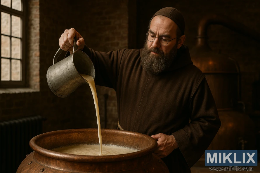 A Trappist monk pours yeast into a copper vat inside a rustic Belgian abbey brewery.