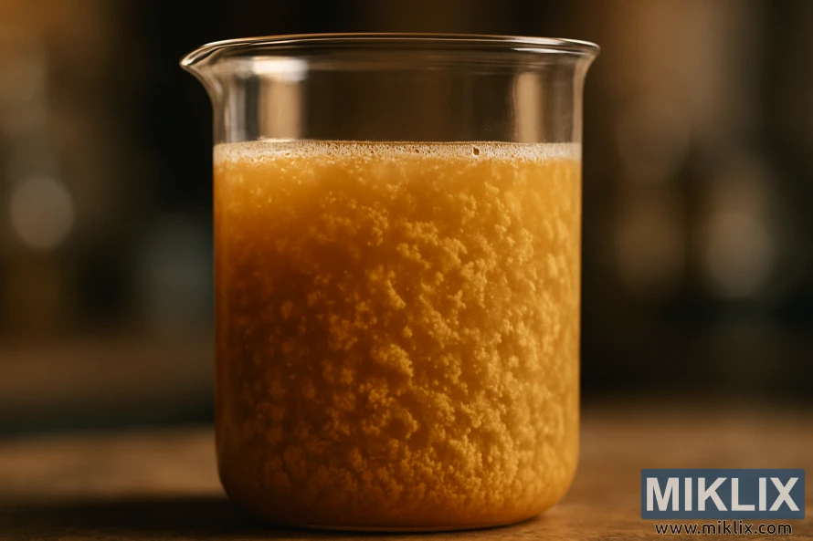 Close-up of a beaker with cloudy golden-brown ale showing yeast flocculation.
