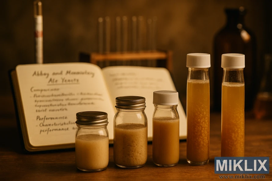 Still life of jars and vials with Abbey ale yeasts, notebook, and lab tools in warm light.