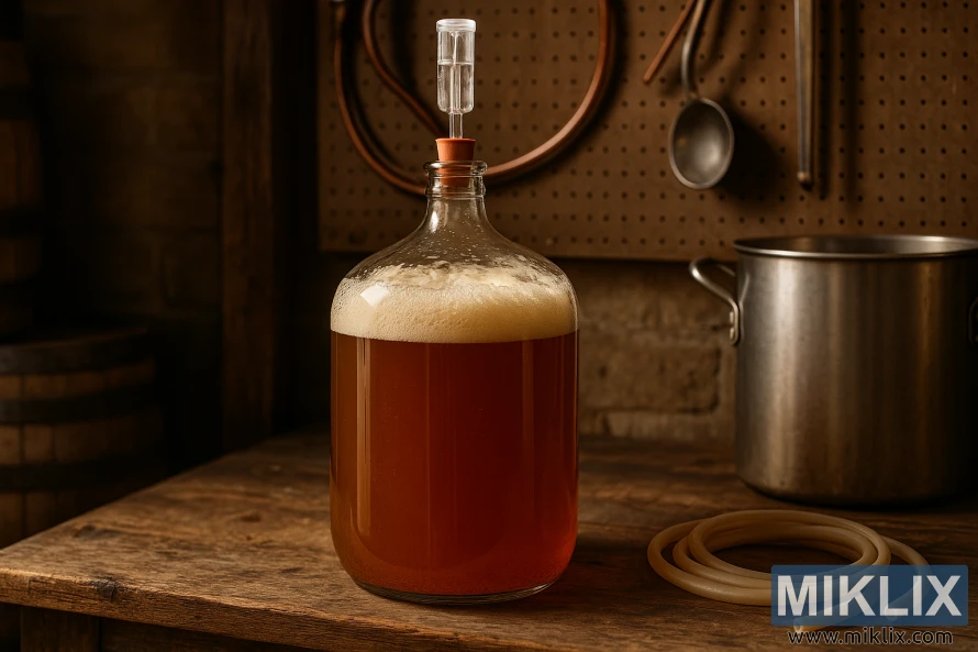 Rustic homebrewing scene with a glass carboy of amber lager fermenting on a wooden workbench.