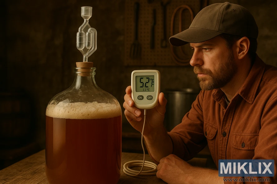 Homebrewer monitoring Bavarian lager fermentation with carboy and thermometer in rustic workshop.