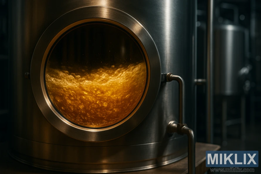 Golden lager bubbles inside a stainless steel fermentation tank in a modern brewery.