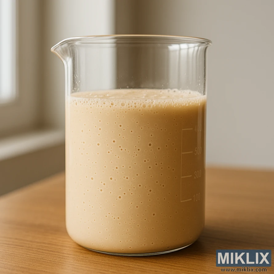 Glass beaker with creamy yeast slurry on wooden surface in natural light.