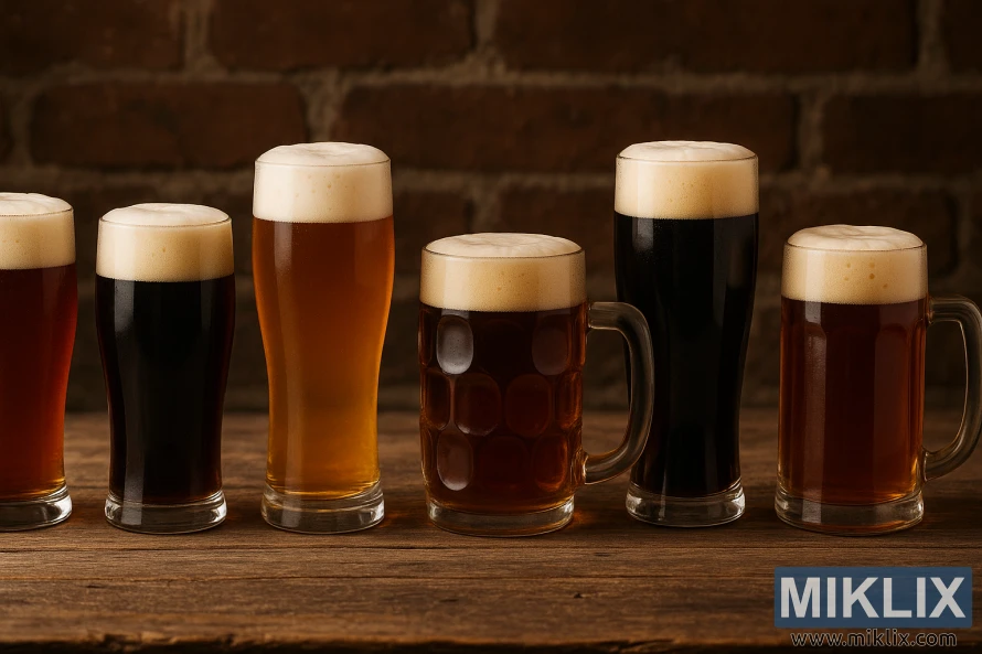 Lineup of German-style beers in distinct glassware on rustic wood before a brick wall.