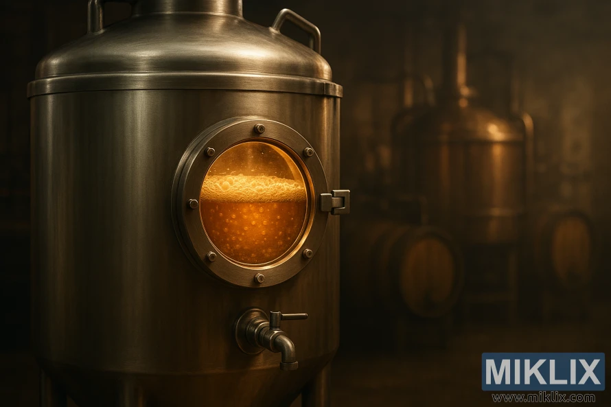 Tangki fermentasi stainless steel karo bir amber mencorong katon liwat jendhela kaca bunder ing cahya brewery anget.