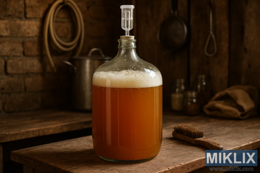 Glass carboy of farmhouse ale mid-fermentation on rustic wooden workbench
