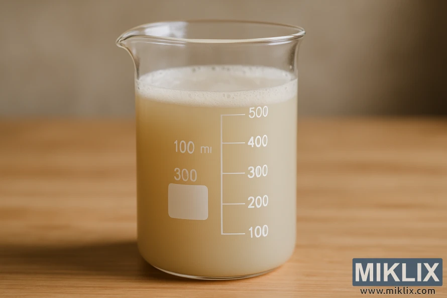 Glass beaker with active yeast starter for farmhouse ale on wooden surface
