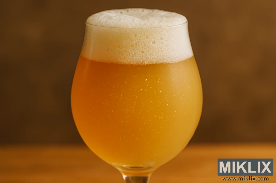 Tulip glass of hazy golden-amber farmhouse ale with frothy head