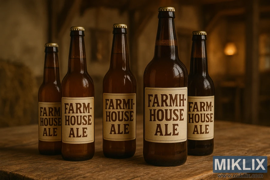 Five brown bottles of farmhouse ale with hand-crafted labels on rustic table