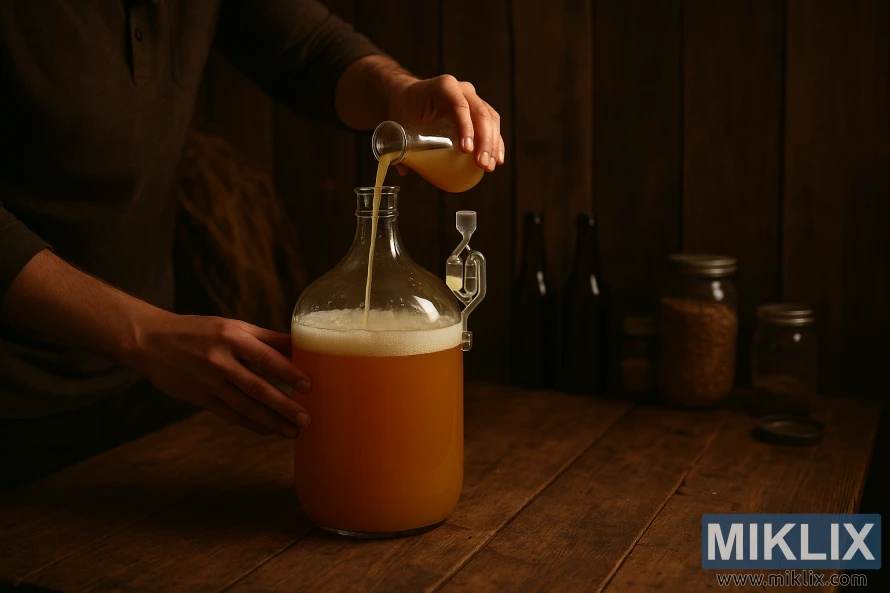Homebrewer pours liquid yeast into glass carboy of farmhouse ale on rustic table
