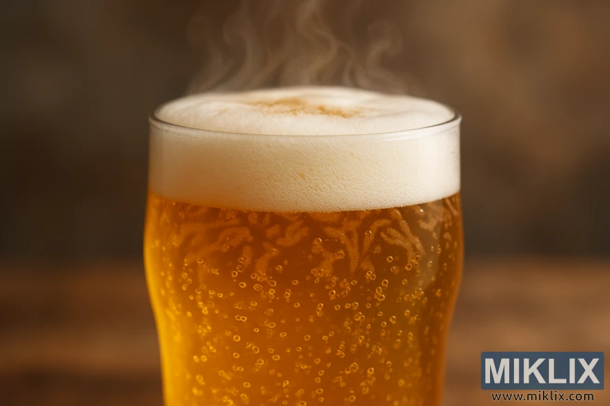Close-up of a golden Munich lager in a pint glass with creamy foam and rising bubbles.