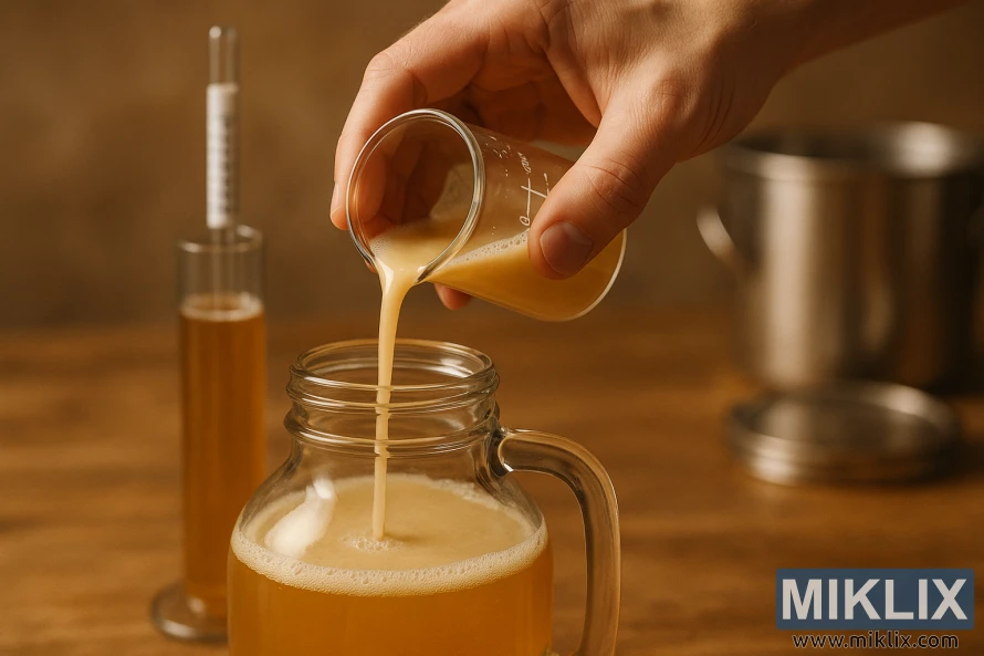 Brewer pours golden Munich lager yeast from a beaker into a sanitized glass jar.