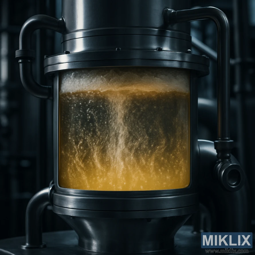 Close-up of a pressurized fermentation tank with golden Munich lager actively bubbling.