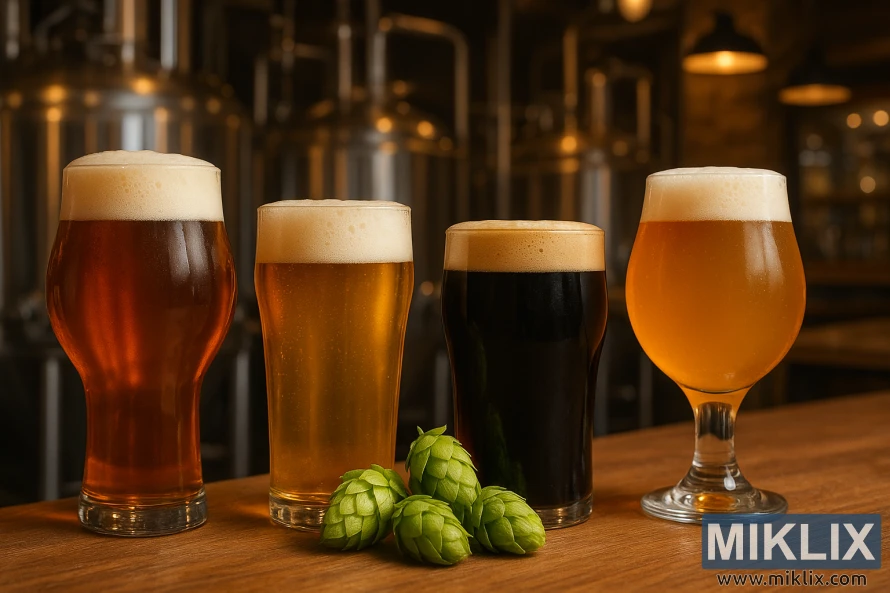 Four beer glasses filled with amber, golden, dark, and hazy brews sit on a wooden table with fresh hop cones, set against a blurred craft brewery background.