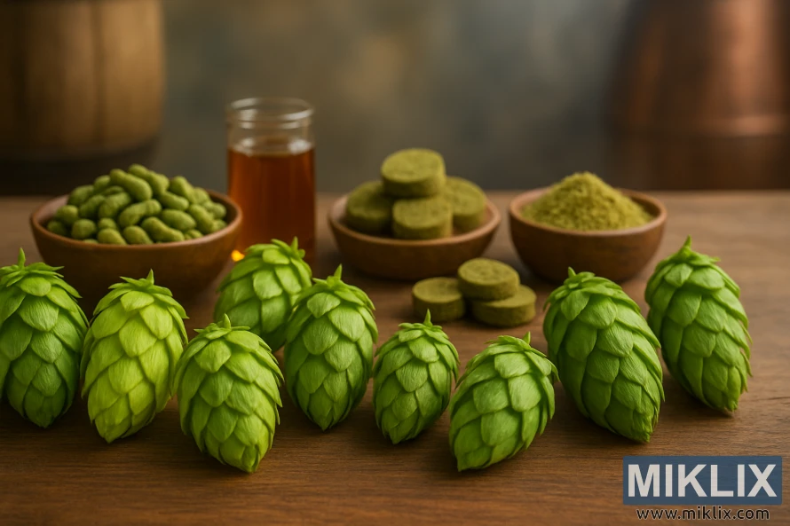 Assortment of green hop cones with bowls of hop pellets, plugs, powder, and a jar of extract on a wooden table, set against a softly blurred brewing background.