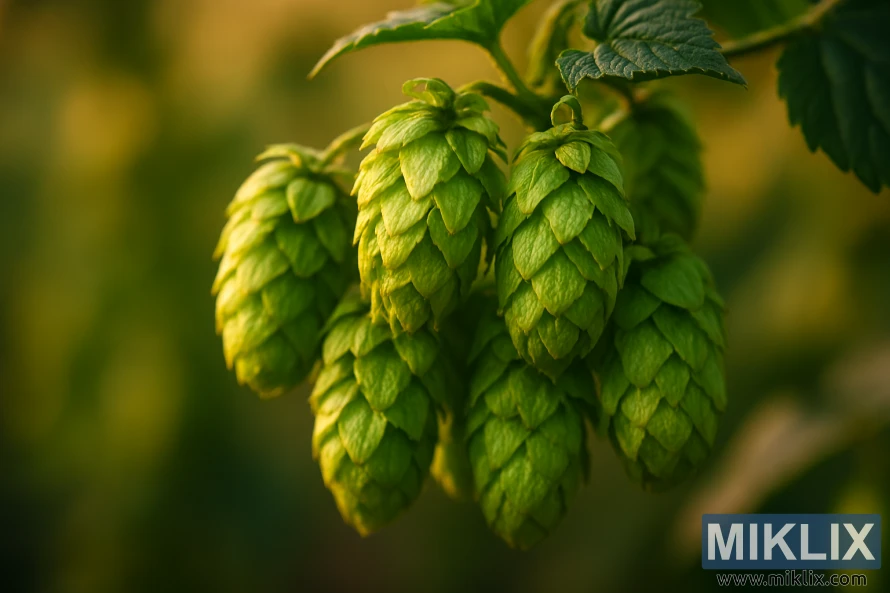 A close-up photo of green Outeniqua hop cones glowing in golden-hour sunlight with a blurred background.