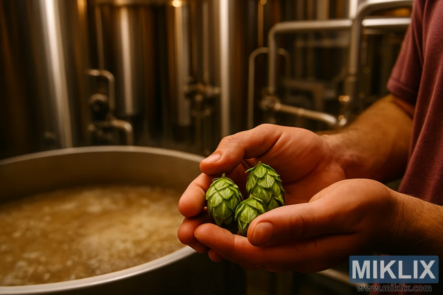 Brewer holding Outeniqua hop cones in a warm-lit brewery with fermentation tanks and bubbling mash tun in the background.