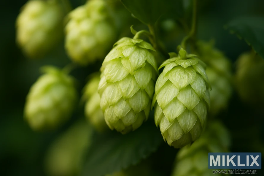 High-resolution close-up of pale green Outeniqua hop cones glistening with dew, surrounded by blurred foliage.