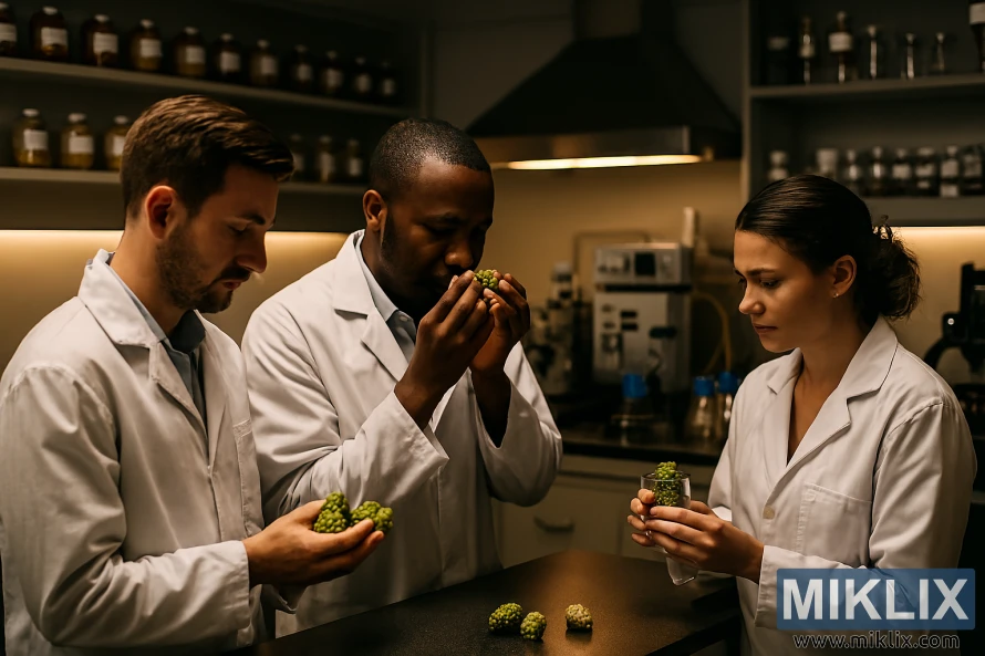 Researchers in lab coats examining Outeniqua hop cones in a warm-lit laboratory with analytical equipment and labeled samples.