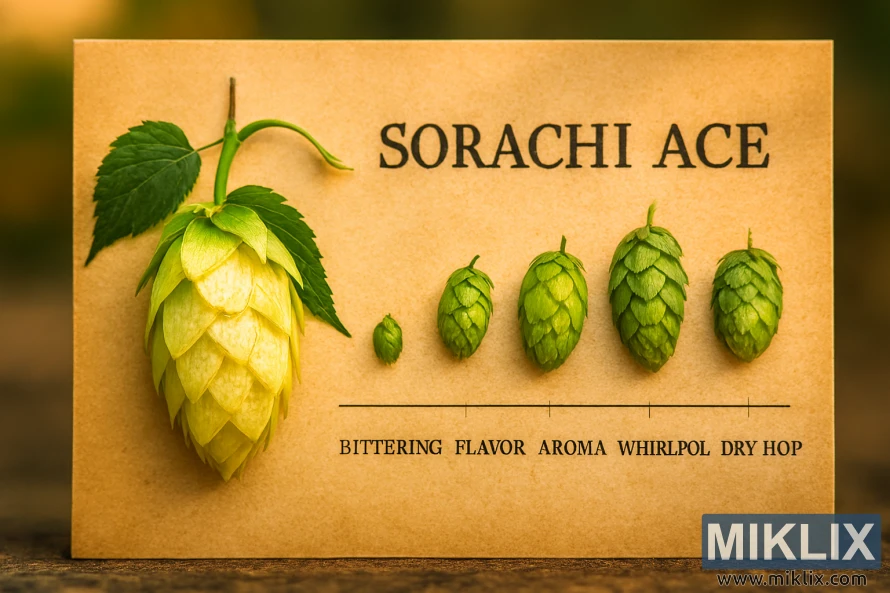 Close-up of Sorachi Ace hop cone and brewing schedule chart with warm lighting and parchment background