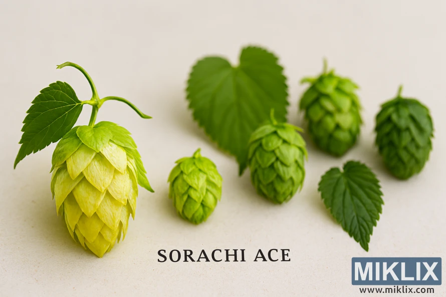 Close-up of Sorachi Ace hop cones and other hop varieties arranged against a minimalist background with natural lighting
