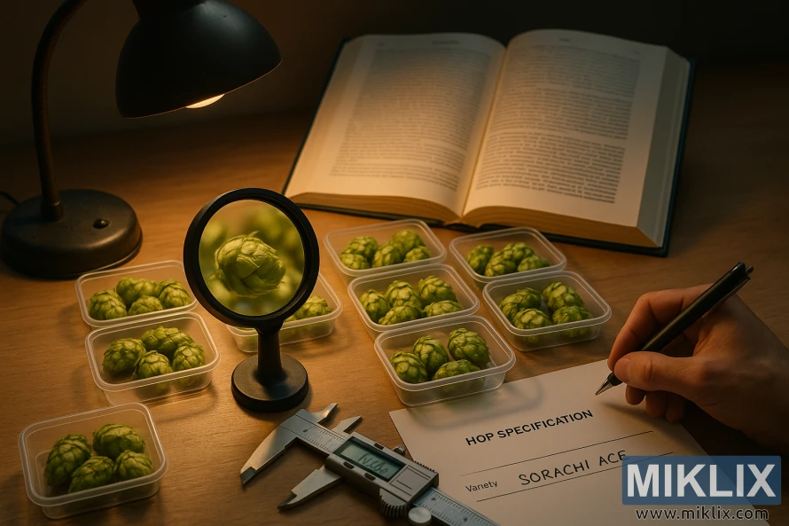 A chemist's desk with magnifying lens, calipers, and neatly arranged Sorachi Ace hop samples under warm lamp light, alongside an open technical manual.