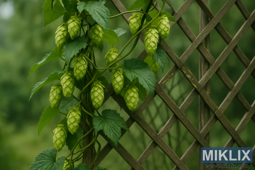 A close view of green hop cones and leaves climbing through a rustic wooden trellis in soft natural light.