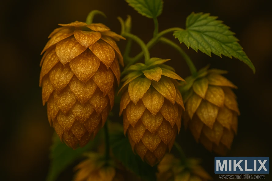 A close-up of golden Super Pride hop cones with resinous lupulin glands glistening under warm, diffused light.