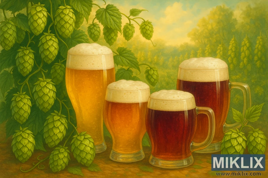 An illustration of golden, amber, and ruby beers with creamy heads surrounded by lush green hop cones and vines in a sunlit hop field.