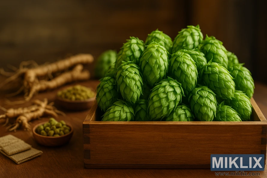 A wooden crate filled with fresh Super Pride hop cones, surrounded by hop pellets, rhizomes, and brewing ingredients in warm natural light.