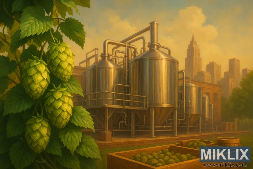 A lush Super Pride hop plant with golden cones in the foreground, a modern brewery with stainless steel tanks in the middle ground, and a city skyline in the background under warm, diffused light.