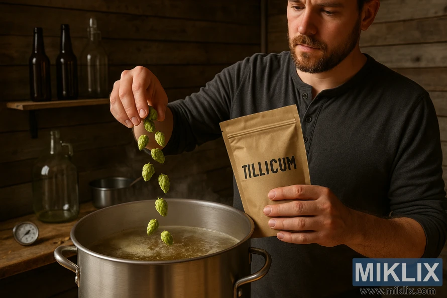 Homebrewer sipa Tillicum hmelj šišarke u pari od nerđajućeg čelika za kuhanje u rustičnom drvenom prostoru za pivo. Homebrewer sipa Tillicum hmelj šišarke u pari od nerđajućeg čelika za kuhanje u rustičnom drvenom prostoru za pivo.