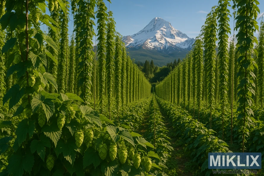Řady svěží zelené chmelnice vedou k zasněženému vrcholu Mount Hood pod jasnou modrou oblohou. Řady svěží zelené chmelnice vedou k zasněženému vrcholu Mount Hood pod jasnou modrou oblohou.