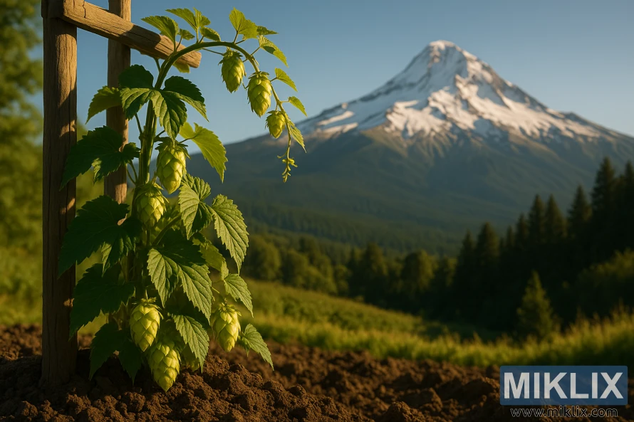 Zářivá rostlina chmele rostoucí na dřevěné mříži se zasněženou vrcholkou Mount Hood v pozadí pod zlatavým slunečním světlem. Zářivá rostlina chmele rostoucí na dřevěné mříži se zasněženou vrcholkou Mount Hood v pozadí pod zlatavým slunečním světlem.