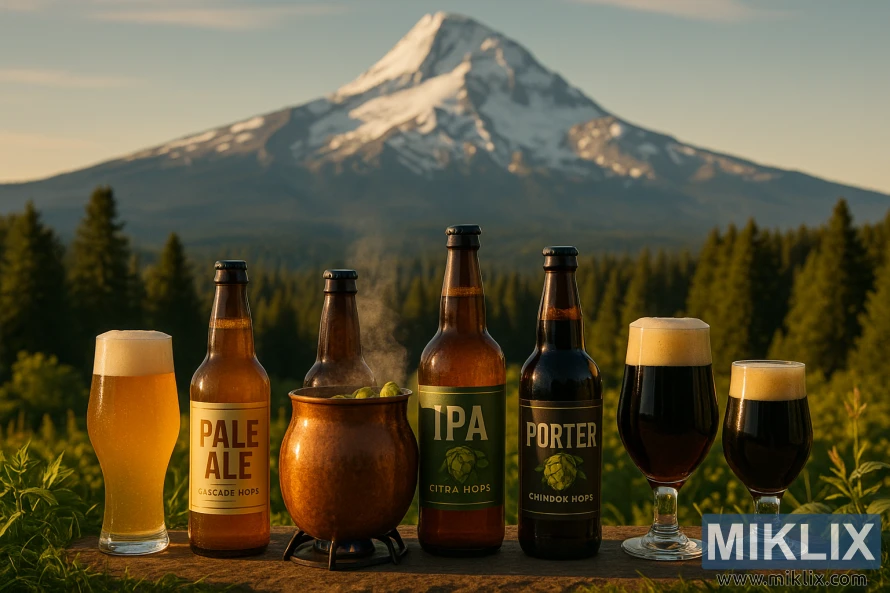 Venku vystavená řada lahví a sklenic od řemeslného piva s horou Mount Hood v pozadí. Venku vystavená řada lahví a sklenic od řemeslného piva s horou Mount Hood v pozadí.