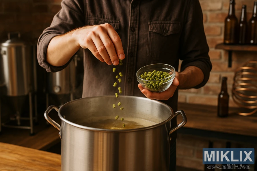 Homebrewer u rustikalnom prostoru posipa zelene Tahoma hmelj pelete u pari od nerđajućeg čelika pivo kotlić. Homebrewer u rustikalnom prostoru posipa zelene Tahoma hmelj pelete u pari od nerđajućeg čelika pivo kotlić.