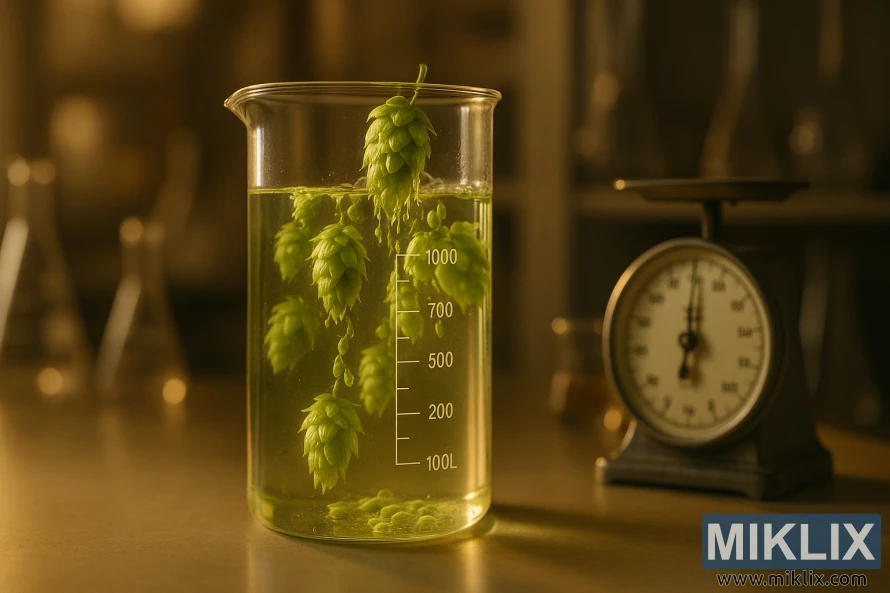A glass beaker filled with Cashmere hops beside a vintage weighing scale in a warmly lit laboratory. A glass beaker filled with Cashmere hops beside a vintage weighing scale in a warmly lit laboratory.