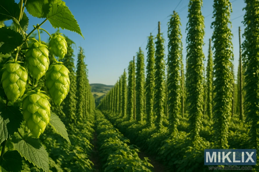 Lush hop field with green cones in the foreground and tall trellised bines under a clear blue sky. Lush hop field with green cones in the foreground and tall trellised bines under a clear blue sky.