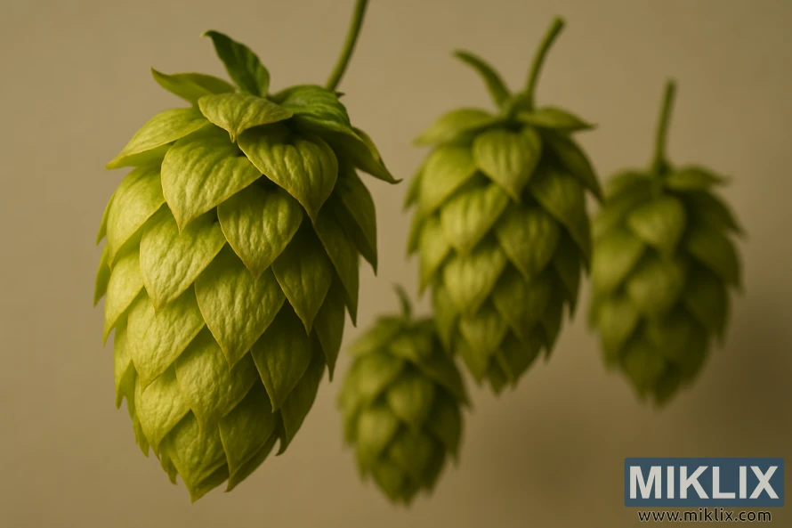 Detailed close-up of golden-green Marynka hop cones against a neutral background, showcasing their layered bracts and resinous texture. Detailed close-up of golden-green Marynka hop cones against a neutral background, showcasing their layered bracts and resinous texture.
