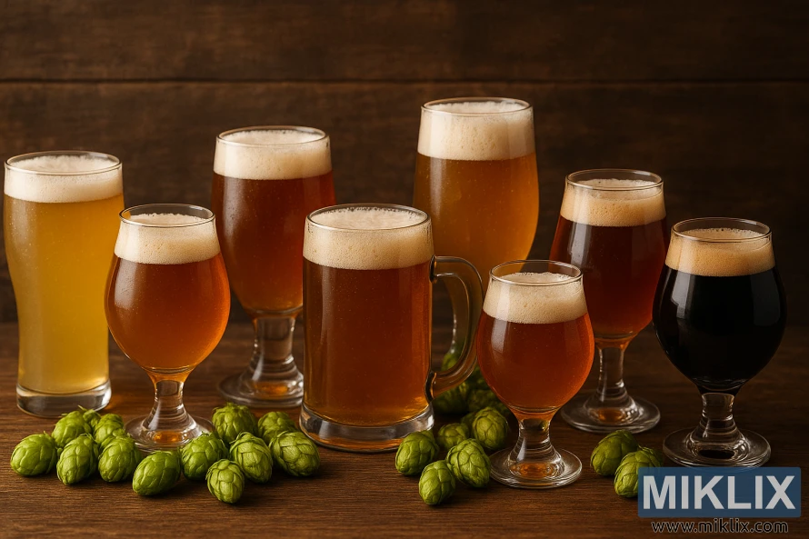 A selection of eight craft beers in varied glassware with vibrant Marynka hop cones scattered across a rustic wooden table and backdrop. A selection of eight craft beers in varied glassware with vibrant Marynka hop cones scattered across a rustic wooden table and backdrop.
