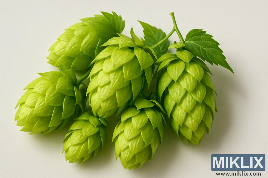 A bundle of fresh Marynka hop cones in vibrant green-yellow tones against a plain light background, showing intricate bract structures and natural texture. A bundle of fresh Marynka hop cones in vibrant green-yellow tones against a plain light background, showing intricate bract structures and natural texture.