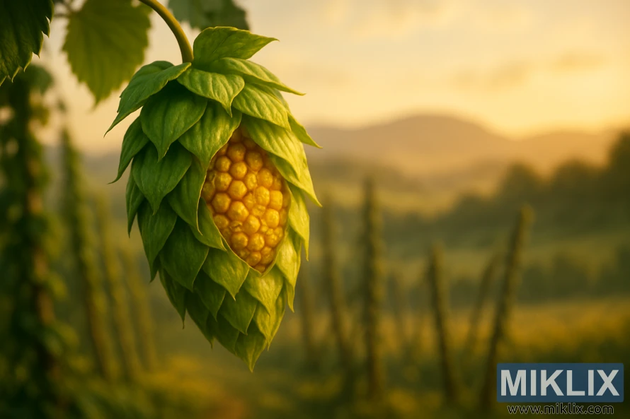 Close-up of a vibrant green hop cone with golden lupulin glands, set against a hazy hop field and rolling countryside in warm light. Close-up of a vibrant green hop cone with golden lupulin glands, set against a hazy hop field and rolling countryside in warm light.