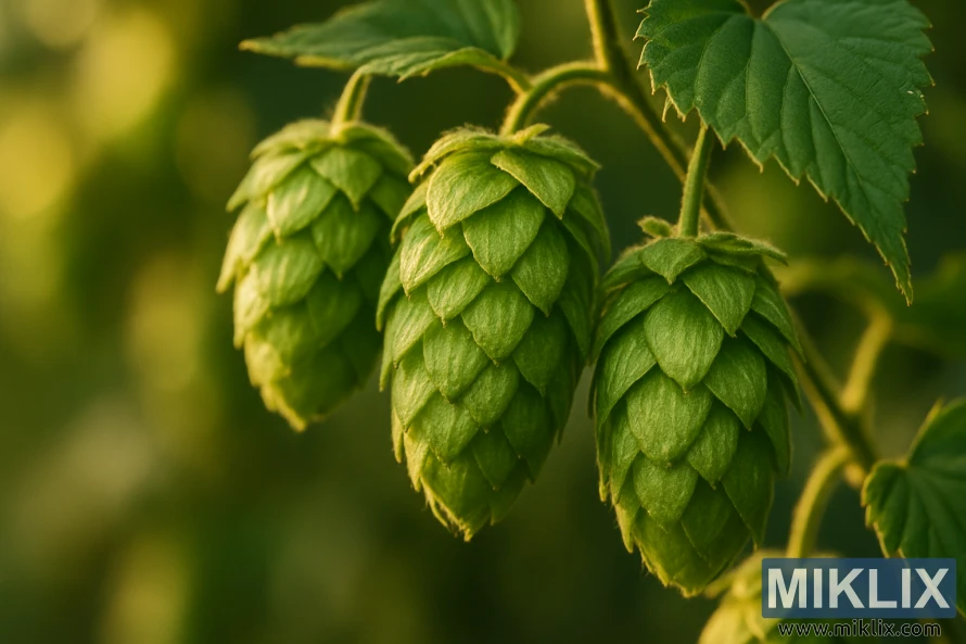 మృదువైన బంగారు కాంతి మరియు అస్పష్టమైన నేపథ్యంతో బైన్పై పెరుగుతున్న తాజా గ్రీన్ హాప్ కోన్ల వివరణాత్మక క్లోజప్. మృదువైన బంగారు కాంతి మరియు అస్పష్టమైన నేపథ్యంతో బైన్పై పెరుగుతున్న తాజా గ్రీన్ హాప్ కోన్ల వివరణాత్మక క్లోజప్.