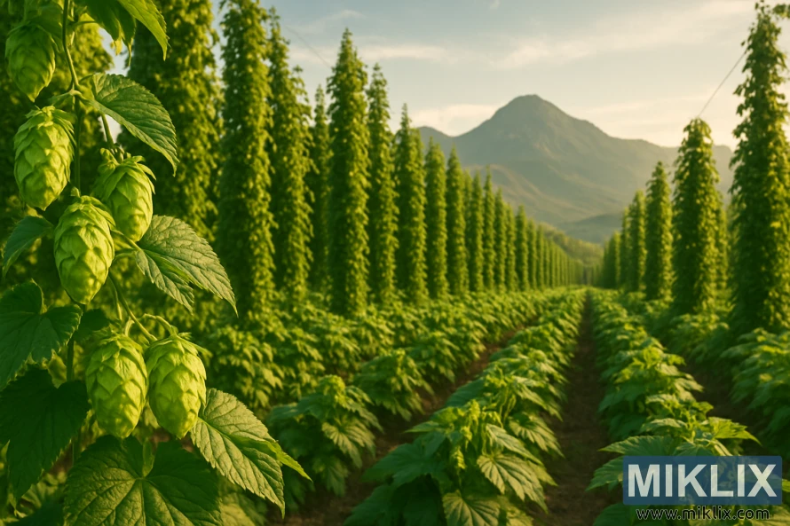 ముందుభాగంలో శక్తివంతమైన ఆకుపచ్చ కోన్లు మరియు నేపథ్యంలో పర్వతాలతో బంగారు సూర్యకాంతిలో పచ్చని హాప్ ఫీల్డ్ యొక్క వైడ్-యాంగిల్ వ్యూ. ముందుభాగంలో శక్తివంతమైన ఆకుపచ్చ కోన్లు మరియు నేపథ్యంలో పర్వతాలతో బంగారు సూర్యకాంతిలో పచ్చని హాప్ ఫీల్డ్ యొక్క వైడ్-యాంగిల్ వ్యూ.