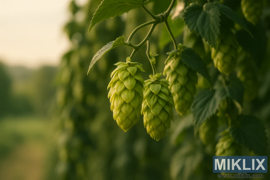 అస్పష్టమైన పాస్టోరల్ నేపథ్యంతో మృదువైన బంగారు కాంతిలో బైన్ల నుండి వేలాడుతున్న శక్తివంతమైన సదరన్ క్రాస్ హాప్ కోన్ల క్లోజప్. అస్పష్టమైన పాస్టోరల్ నేపథ్యంతో మృదువైన బంగారు కాంతిలో బైన్ల నుండి వేలాడుతున్న శక్తివంతమైన సదరన్ క్రాస్ హాప్ కోన్ల క్లోజప్.