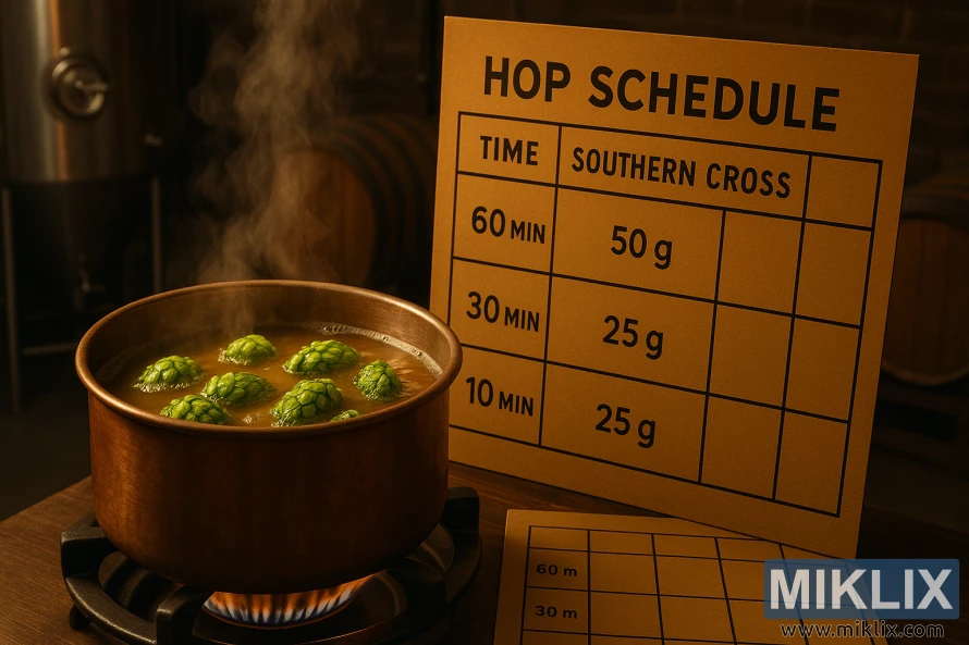 చదవగలిగే హాప్ షెడ్యూల్ చార్ట్ పక్కన రాగి బ్రూ కెటిల్ మరిగే వోర్ట్ మరియు తేలియాడే సదరన్ క్రాస్ హాప్ కోన్లతో వెచ్చని, బంగారు రంగులో వెలిగే బ్రూవరీ దృశ్యం; మసక నేపథ్యంలో కిణ్వ ప్రక్రియ ట్యాంకులు మరియు బారెల్స్. చదవగలిగే హాప్ షెడ్యూల్ చార్ట్ పక్కన రాగి బ్రూ కెటిల్ మరిగే వోర్ట్ మరియు తేలియాడే సదరన్ క్రాస్ హాప్ కోన్లతో వెచ్చని, బంగారు రంగులో వెలిగే బ్రూవరీ దృశ్యం; మసక నేపథ్యంలో కిణ్వ ప్రక్రియ ట్యాంకులు మరియు బారెల్స్.