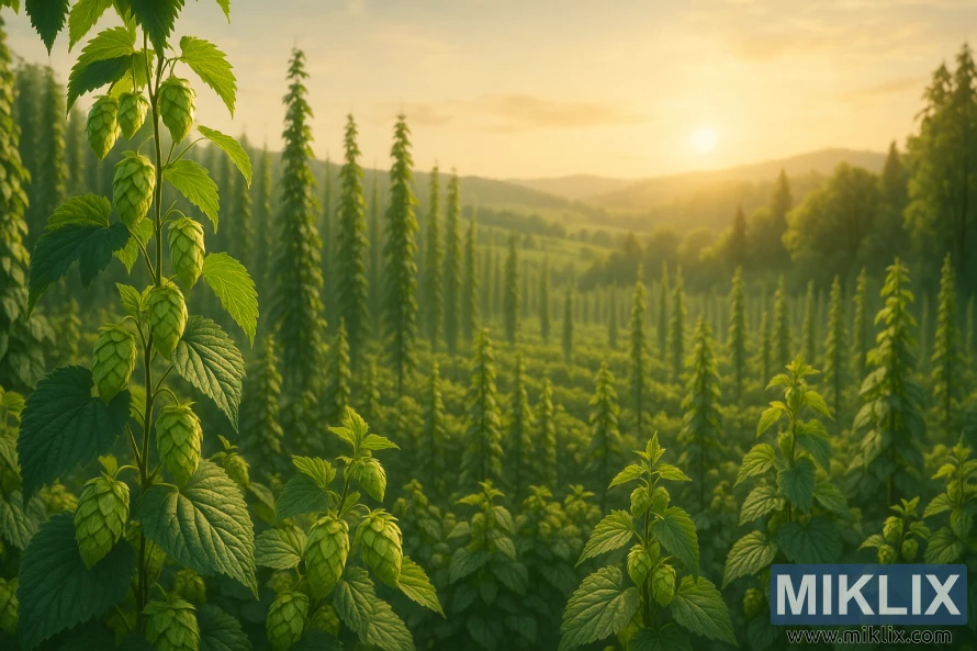 ముందు భాగంలో విభిన్న రకాల హాప్లతో కూడిన పచ్చని హాప్ ఫీల్డ్, బంగారు సూర్యకాంతిలో మెరుస్తూ, దూరంగా కొండలు మరియు అడవులతో. ముందు భాగంలో విభిన్న రకాల హాప్లతో కూడిన పచ్చని హాప్ ఫీల్డ్, బంగారు సూర్యకాంతిలో మెరుస్తూ, దూరంగా కొండలు మరియు అడవులతో.